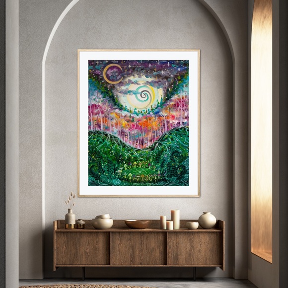 Fairy Ring Art Print Oil Painting fairytale fantasy mushrooms moon forest decor - Picture 3 of 7